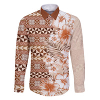 Pasifika Sataoa Pattern Plumeria Vintage Family Matching Long Sleeve Bodycon Dress and Hawaiian Shirt Brown Beige Tan LT9 Dad's Shirt - Long Sleeve Brown - Polynesian Pride
