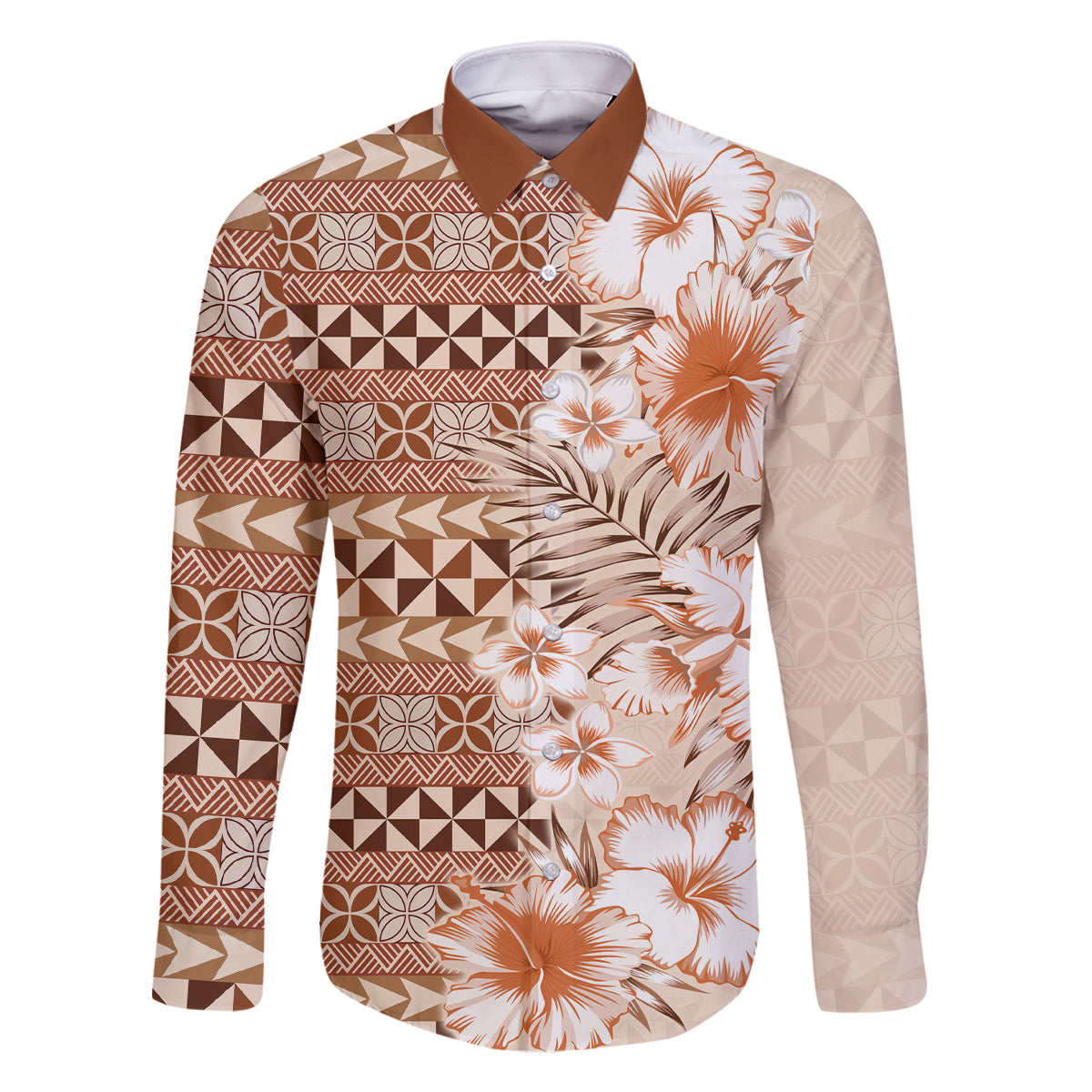 Pasifika Sataoa Pattern Plumeria Vintage Family Matching Off Shoulder Maxi Dress and Hawaiian Shirt Brown Beige Tan LT9 Dad's Shirt - Long Sleeve Brown - Polynesian Pride