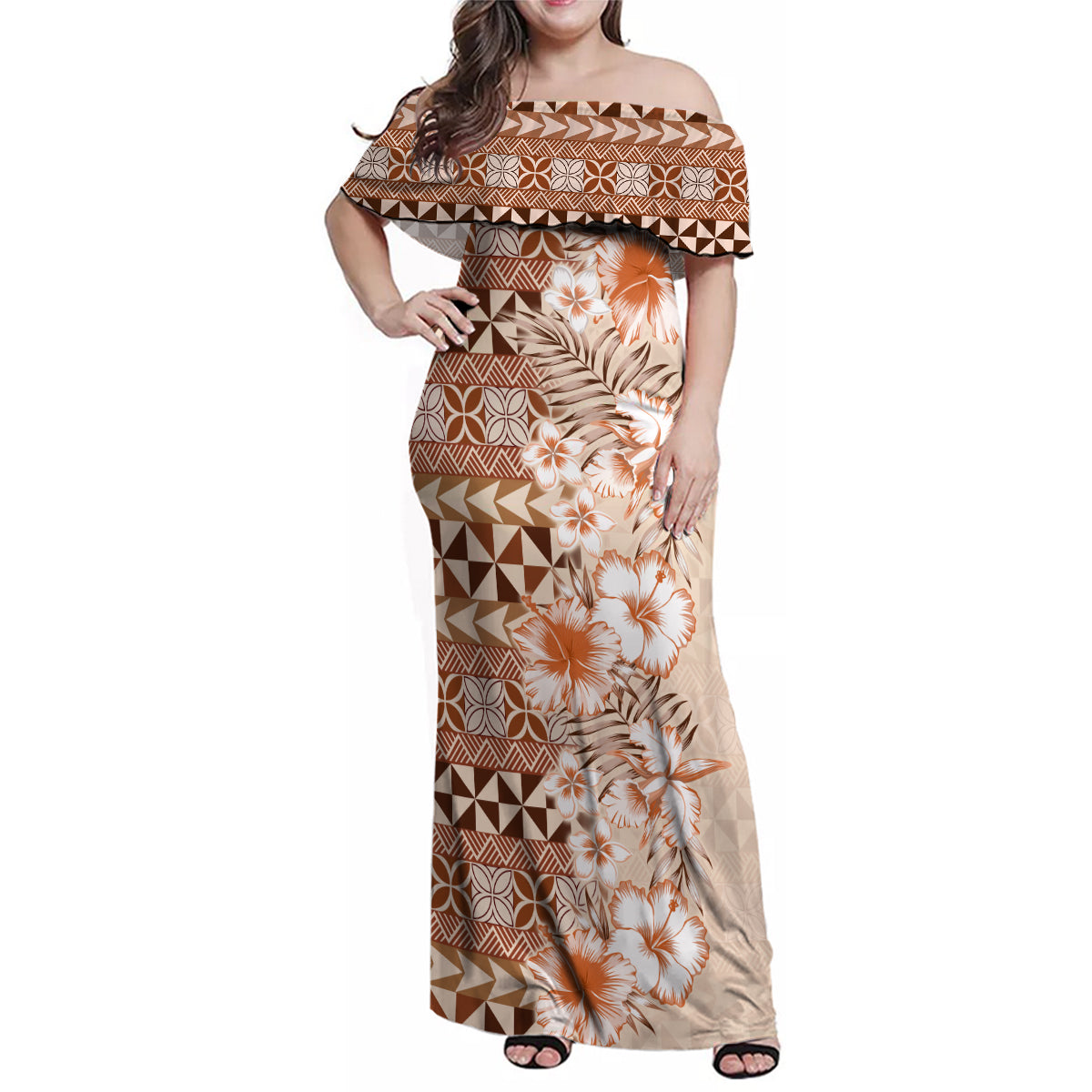 Pasifika Sataoa Pattern Plumeria Vintage Family Matching Off Shoulder Maxi Dress and Hawaiian Shirt Brown Beige Tan LT9 Mom's Dress Brown - Polynesian Pride