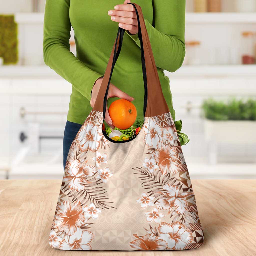 Pasifika Sataoa Pattern Plumeria Vintage Grocery Bag Brown Beige Tan