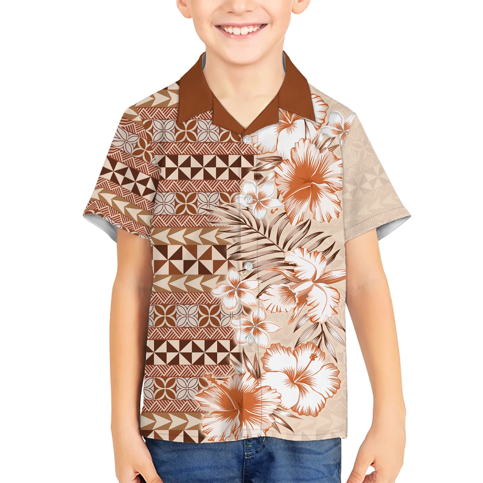 Pasifika Sataoa Pattern Plumeria Vintage Kid Hawaiian Shirt Brown Beige Tan LT9 Kid Brown - Polynesian Pride