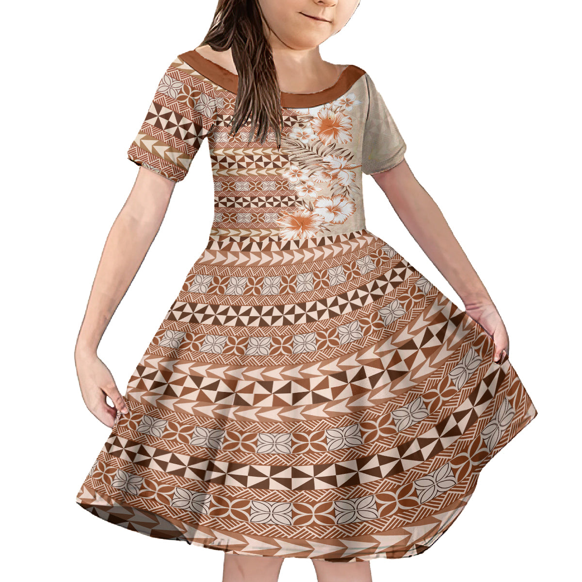 Pasifika Sataoa Pattern Plumeria Vintage Kid Short Sleeve Dress Brown Beige Tan LT9 KID Brown - Polynesian Pride