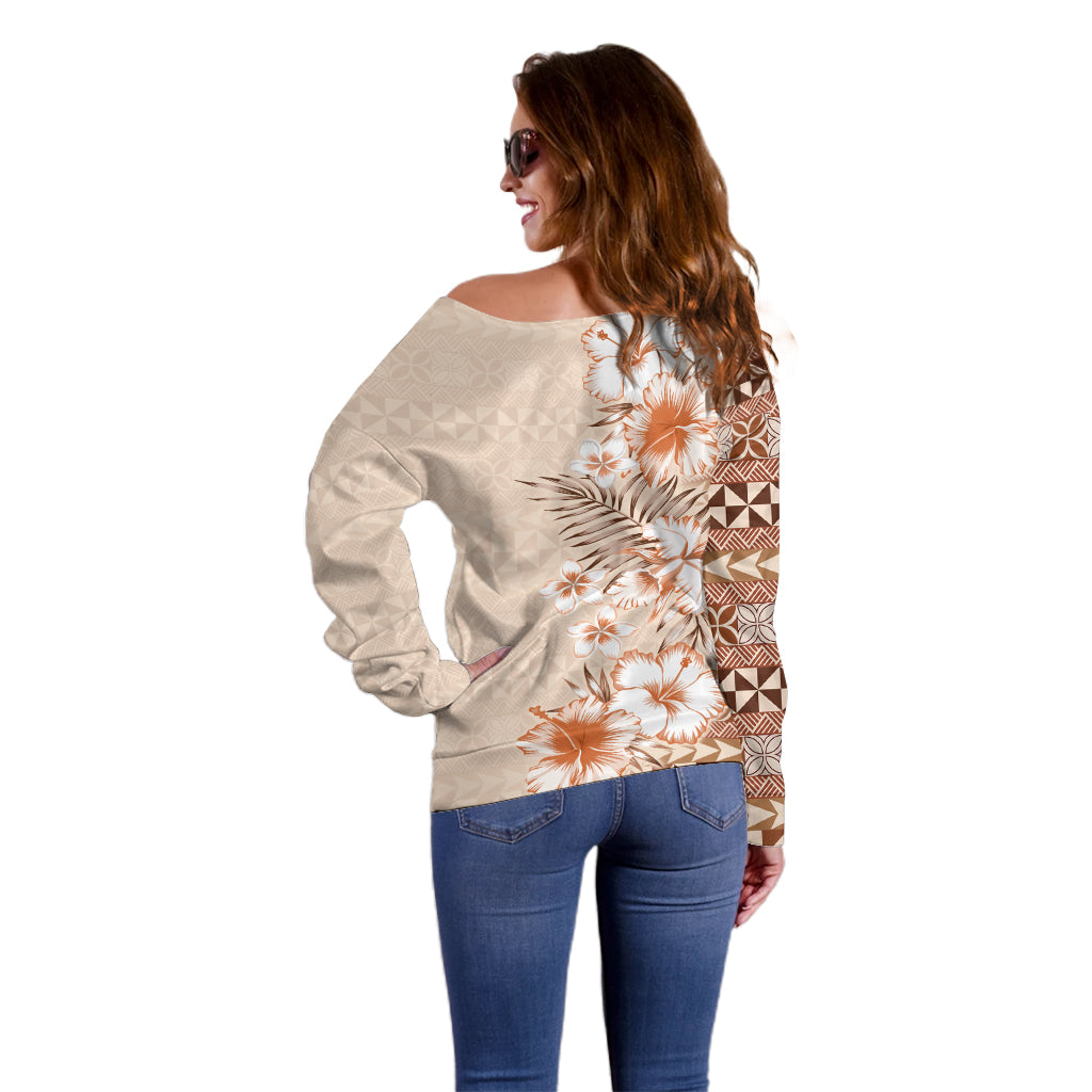 Pasifika Sataoa Pattern Plumeria Vintage Off Shoulder Sweater Brown Beige Tan LT9 - Polynesian Pride