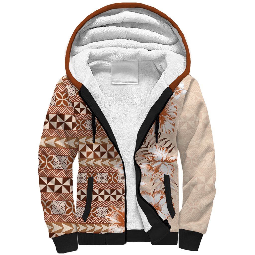Pasifika Sataoa Pattern Plumeria Vintage Sherpa Hoodie Brown Beige Tan LT9 Unisex Brown - Polynesian Pride