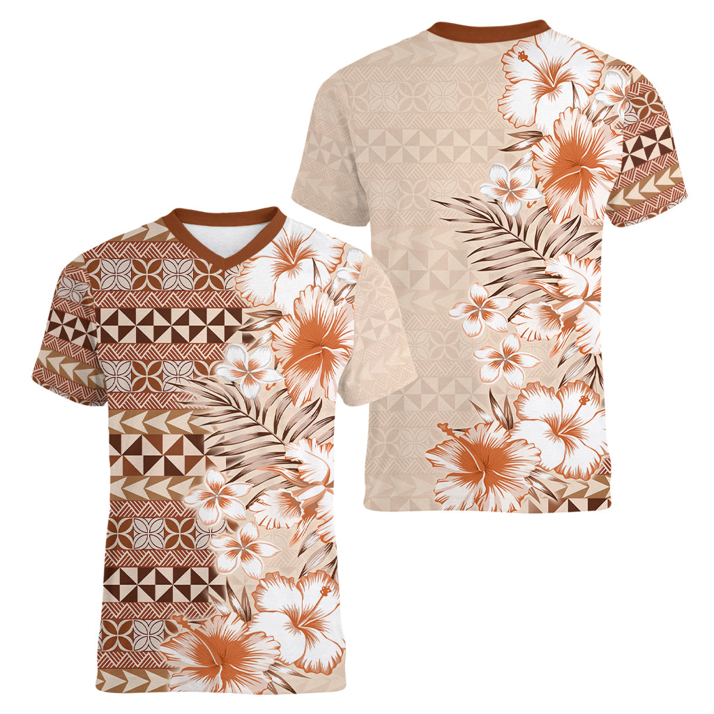 Pasifika Sataoa Pattern Plumeria Vintage Women V Neck T Shirt Brown Beige Tan LT9 - Polynesian Pride