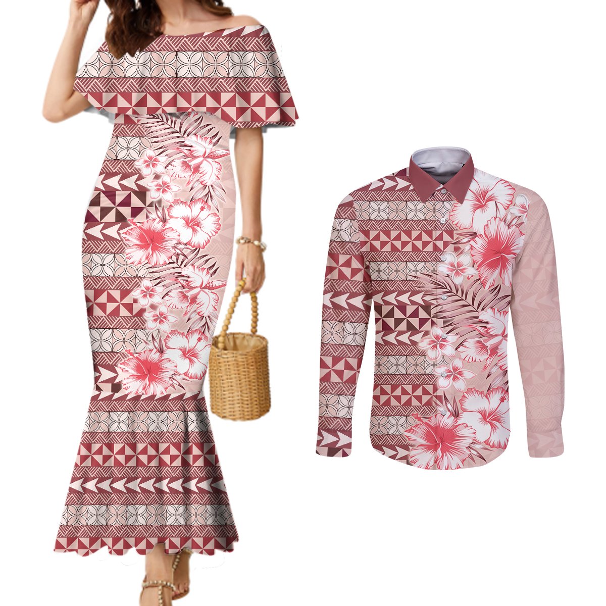 Pasifika Sataoa Pattern Plumeria Vintage Couples Matching Mermaid Dress and Long Sleeve Button Shirt Cherry LT9 Cherry - Polynesian Pride