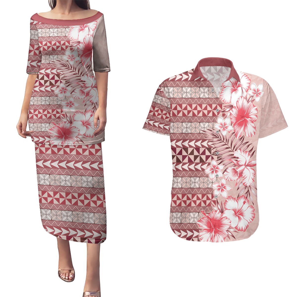 Pasifika Sataoa Pattern Plumeria Vintage Couples Matching Puletasi and Hawaiian Shirt Cherry LT9 Cherry - Polynesian Pride
