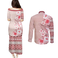 Pasifika Sataoa Pattern Plumeria Vintage Couples Matching Puletasi and Long Sleeve Button Shirt Cherry LT9 - Polynesian Pride