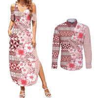 Pasifika Sataoa Pattern Plumeria Vintage Couples Matching Summer Maxi Dress and Long Sleeve Button Shirt Cherry LT9 Cherry - Polynesian Pride