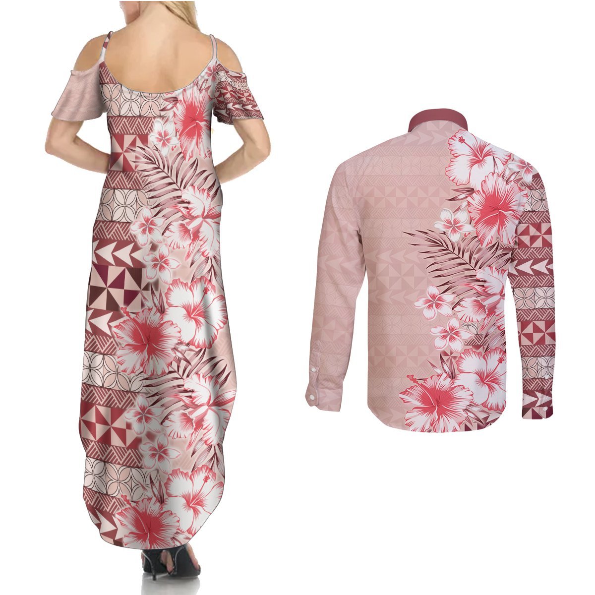 Pasifika Sataoa Pattern Plumeria Vintage Couples Matching Summer Maxi Dress and Long Sleeve Button Shirt Cherry LT9 - Polynesian Pride