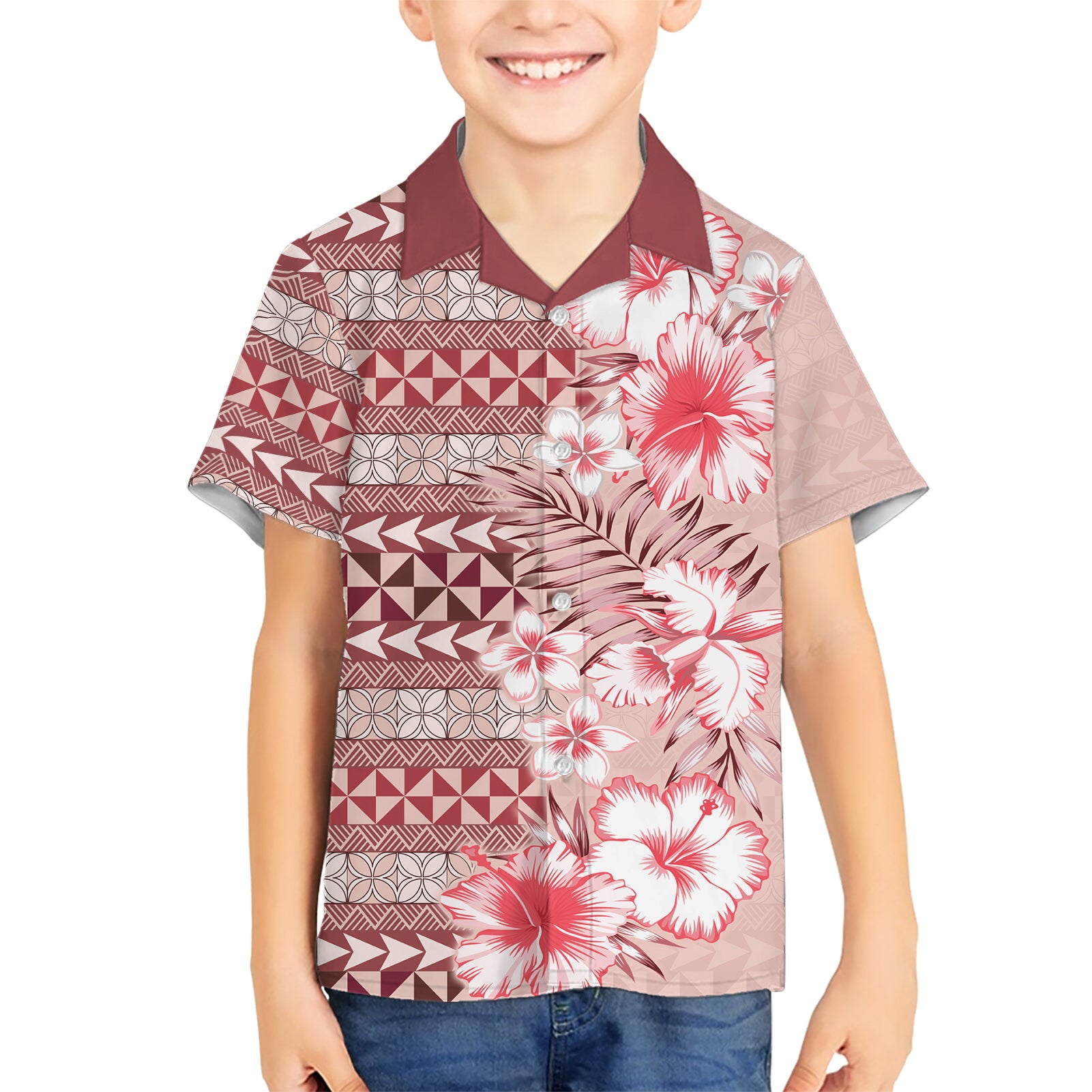 Pasifika Sataoa Pattern Plumeria Vintage Kid Hawaiian Shirt Cherry LT9 Kid Cherry - Polynesian Pride