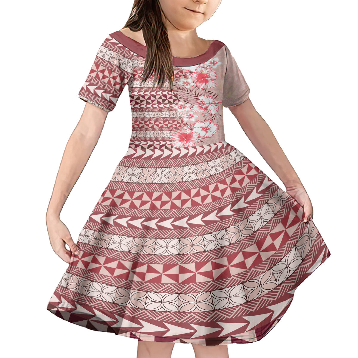 Pasifika Sataoa Pattern Plumeria Vintage Kid Short Sleeve Dress Cherry LT9 KID Cherry - Polynesian Pride