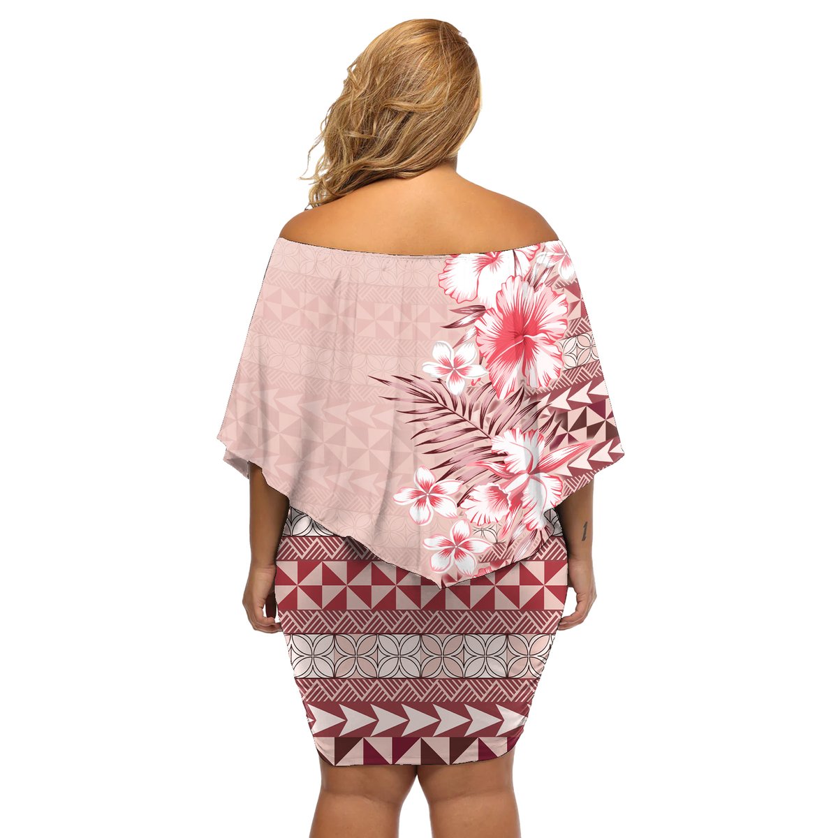 Pasifika Sataoa Pattern Plumeria Vintage Off Shoulder Short Dress Cherry LT9 - Polynesian Pride