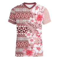 Pasifika Sataoa Pattern Plumeria Vintage Women V Neck T Shirt Cherry LT9 Female Cherry - Polynesian Pride
