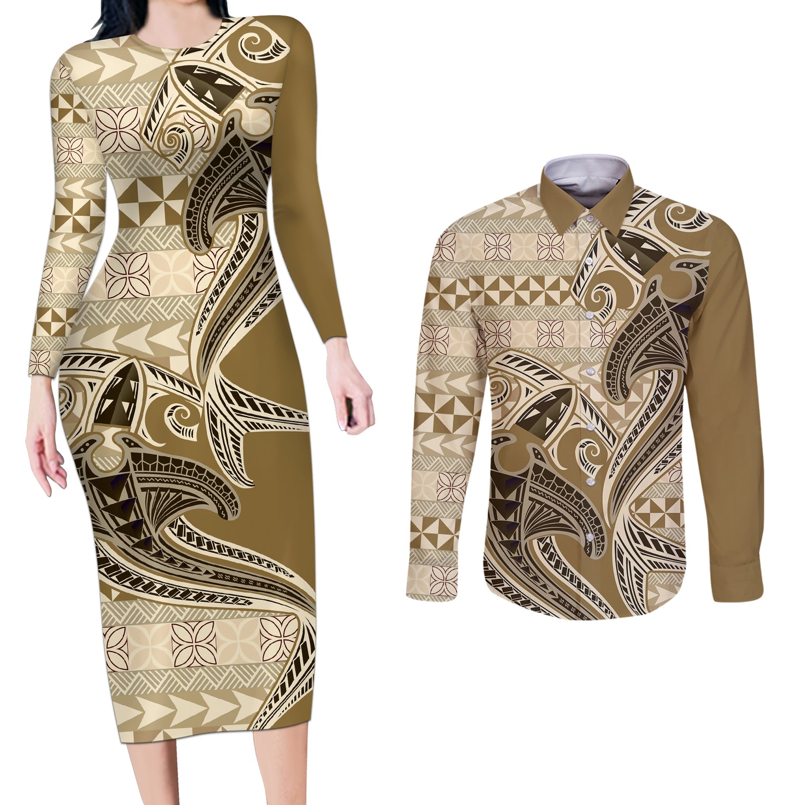 Vintage Hammerhead Shark Valentine Day Couples Matching Long Sleeve Bodycon Dress and Long Sleeve Button Shirt Pasifika Sataoa Pattern - Beige Tan LT9 Beige Tan - Polynesian Pride