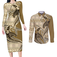 Vintage Hammerhead Shark Valentine Day Couples Matching Long Sleeve Bodycon Dress and Long Sleeve Button Shirt Pasifika Sataoa Pattern - Beige Tan LT9 Beige Tan - Polynesian Pride