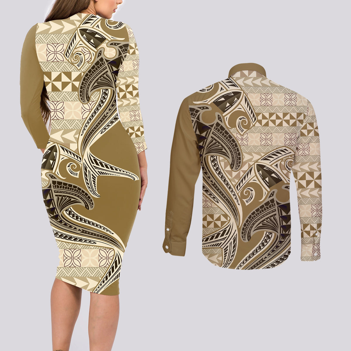 Vintage Hammerhead Shark Valentine Day Couples Matching Long Sleeve Bodycon Dress and Long Sleeve Button Shirt Pasifika Sataoa Pattern - Beige Tan LT9 - Polynesian Pride