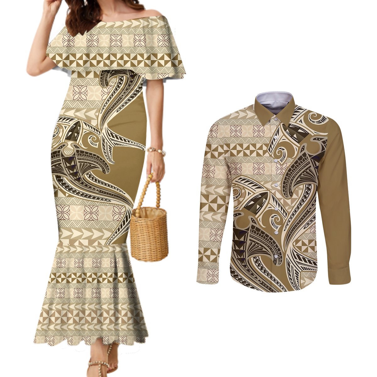 Vintage Hammerhead Shark Valentine Day Couples Matching Mermaid Dress and Long Sleeve Button Shirt Pasifika Sataoa Pattern - Beige Tan LT9 Beige Tan - Polynesian Pride