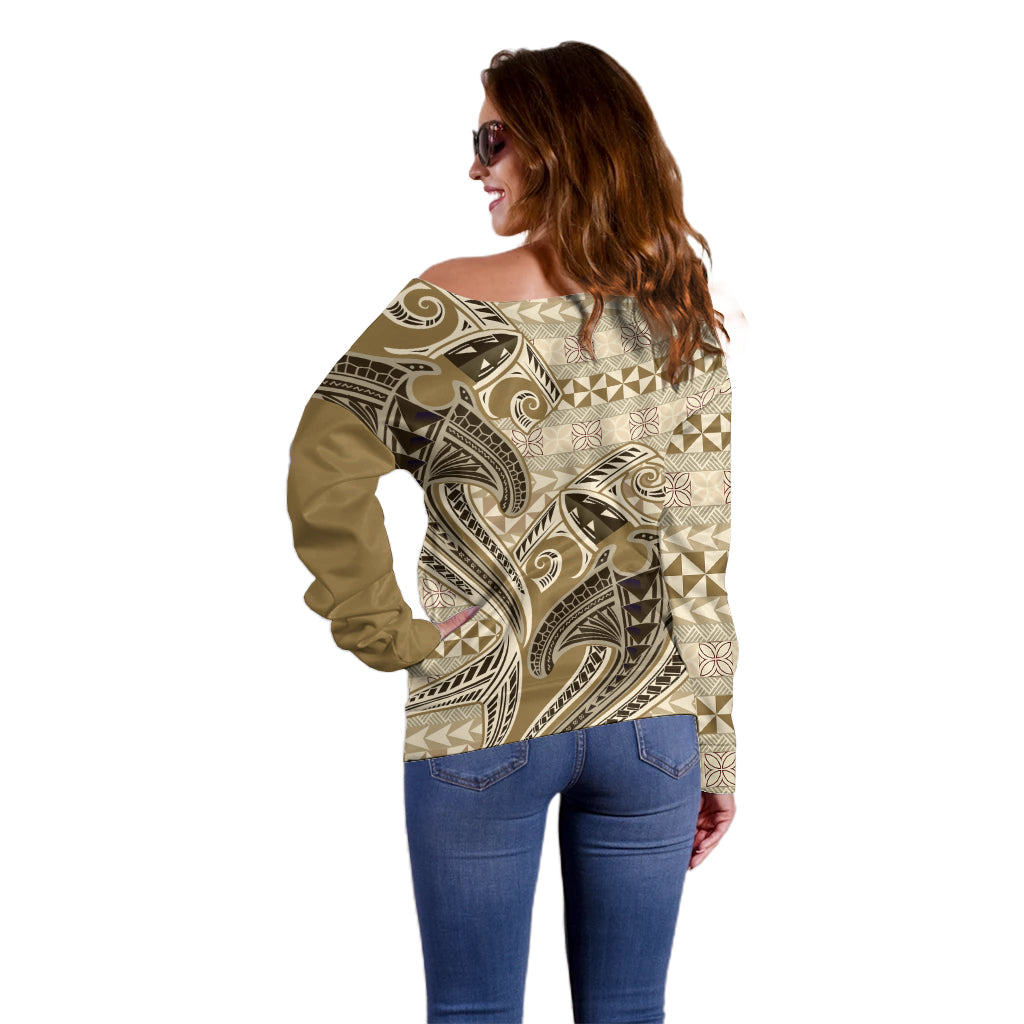 Vintage Hammerhead Shark Valentine Day Off Shoulder Sweater Pasifika Sataoa Pattern - Beige Tan LT9 - Polynesian Pride