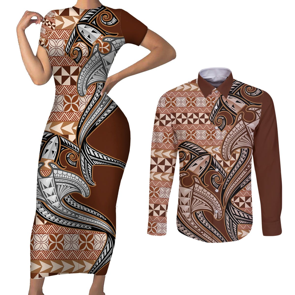 Vintage Hammerhead Shark Valentine Day Couples Matching Short Sleeve Bodycon Dress and Long Sleeve Button Shirt Pasifika Sataoa Pattern - Brown Beige Tan LT9 Brown - Polynesian Pride