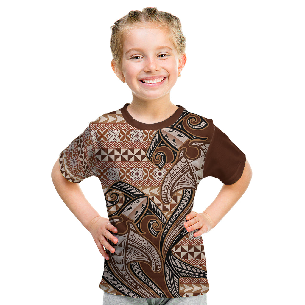 Vintage Hammerhead Shark Valentine Day Kid T Shirt Pasifika Sataoa Pattern - Brown Beige Tan LT9 Brown - Polynesian Pride
