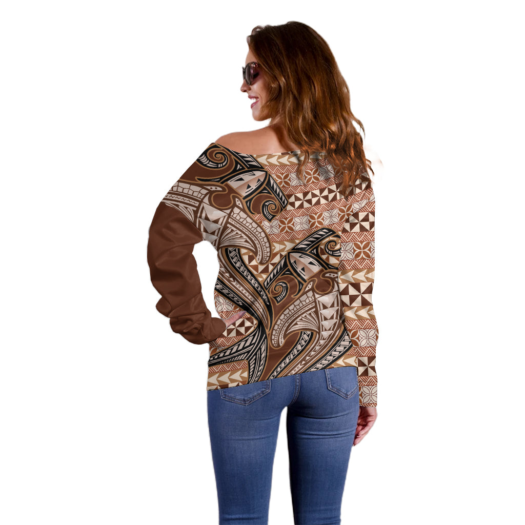 Vintage Hammerhead Shark Valentine Day Off Shoulder Sweater Pasifika Sataoa Pattern - Brown Beige Tan LT9 - Polynesian Pride