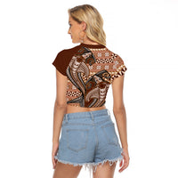 Vintage Hammerhead Shark Valentine Day Raglan Cropped T Shirt Pasifika Sataoa Pattern - Brown Beige Tan LT9 - Polynesian Pride