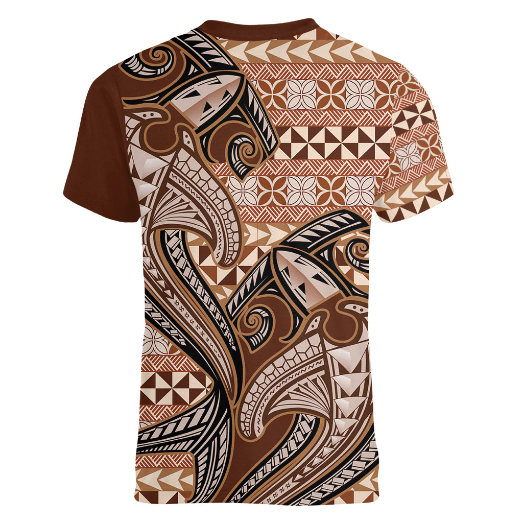 Vintage Hammerhead Shark Valentine Day Women V Neck T Shirt Pasifika Sataoa Pattern - Brown Beige Tan LT9 - Polynesian Pride