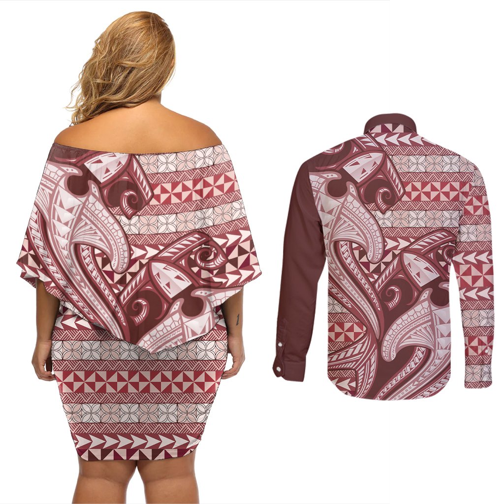 Vintage Hammerhead Shark Valentine Day Couples Matching Off Shoulder Short Dress and Long Sleeve Button Shirt Pasifika Sataoa Pattern - Cherry LT9 - Polynesian Pride