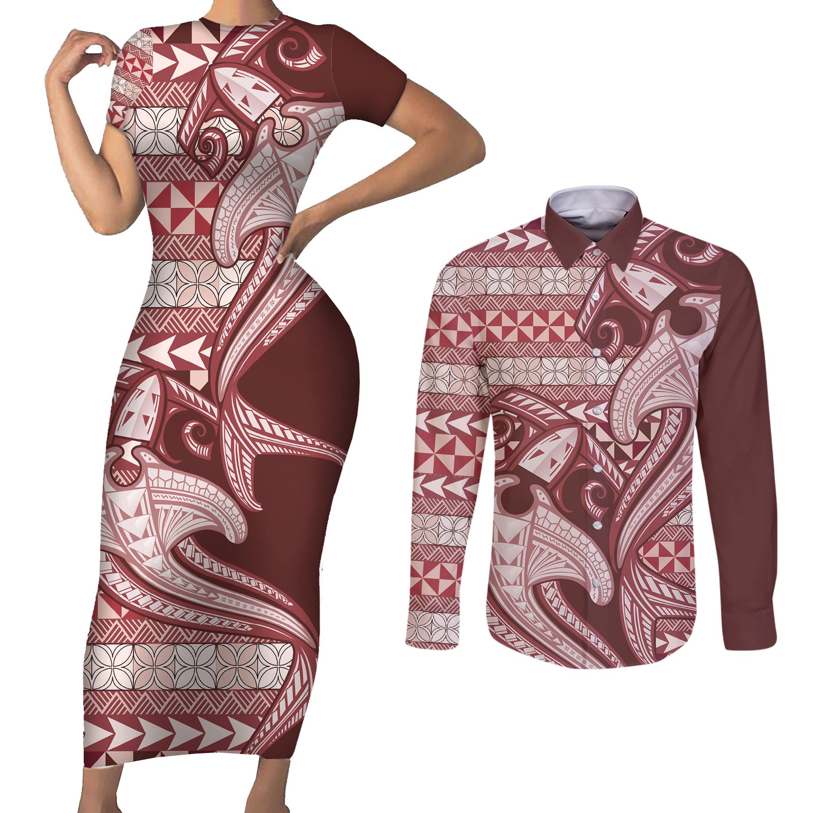 Vintage Hammerhead Shark Valentine Day Couples Matching Short Sleeve Bodycon Dress and Long Sleeve Button Shirt Pasifika Sataoa Pattern - Cherry LT9 Cherry - Polynesian Pride