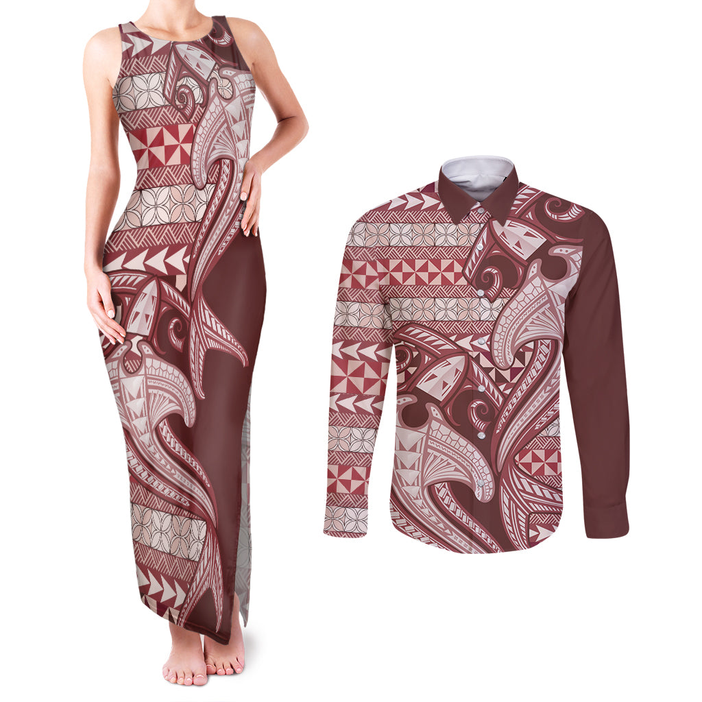 Vintage Hammerhead Shark Valentine Day Couples Matching Tank Maxi Dress and Long Sleeve Button Shirt Pasifika Sataoa Pattern - Cherry LT9 Cherry - Polynesian Pride