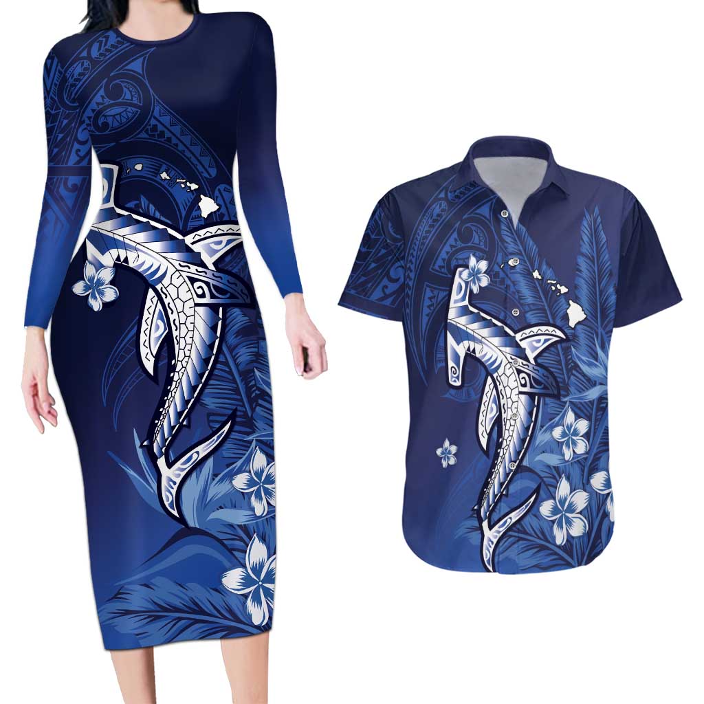 Personalized Hawaiian Maori Hammerhead Shark Couples Matching Long Sleeve Bodycon Dress and Hawaiian Shirt Polu Plumeria LT9 Blue - Polynesian Pride
