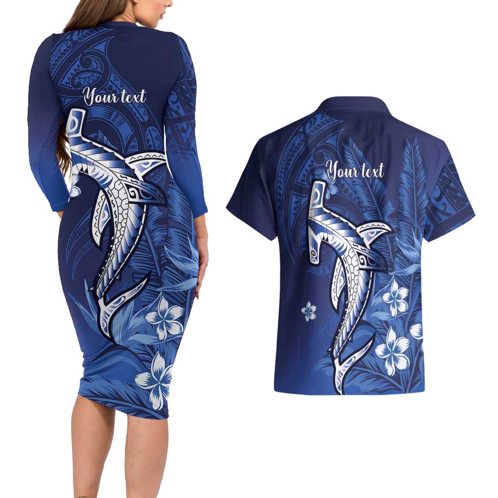Personalized Hawaiian Maori Hammerhead Shark Couples Matching Long Sleeve Bodycon Dress and Hawaiian Shirt Polu Plumeria LT9 - Polynesian Pride
