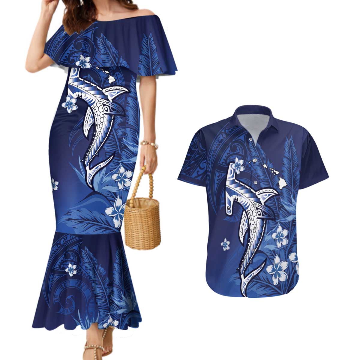 Personalized Hawaiian Maori Hammerhead Shark Couples Matching Mermaid Dress and Hawaiian Shirt Polu Plumeria - Polynesian Pride