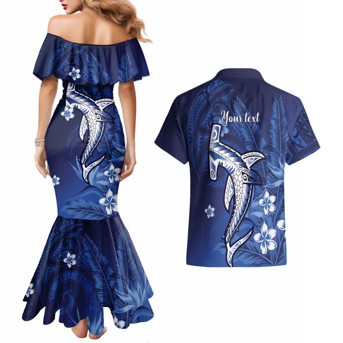 Personalized Hawaiian Maori Hammerhead Shark Couples Matching Mermaid Dress and Hawaiian Shirt Polu Plumeria - Polynesian Pride