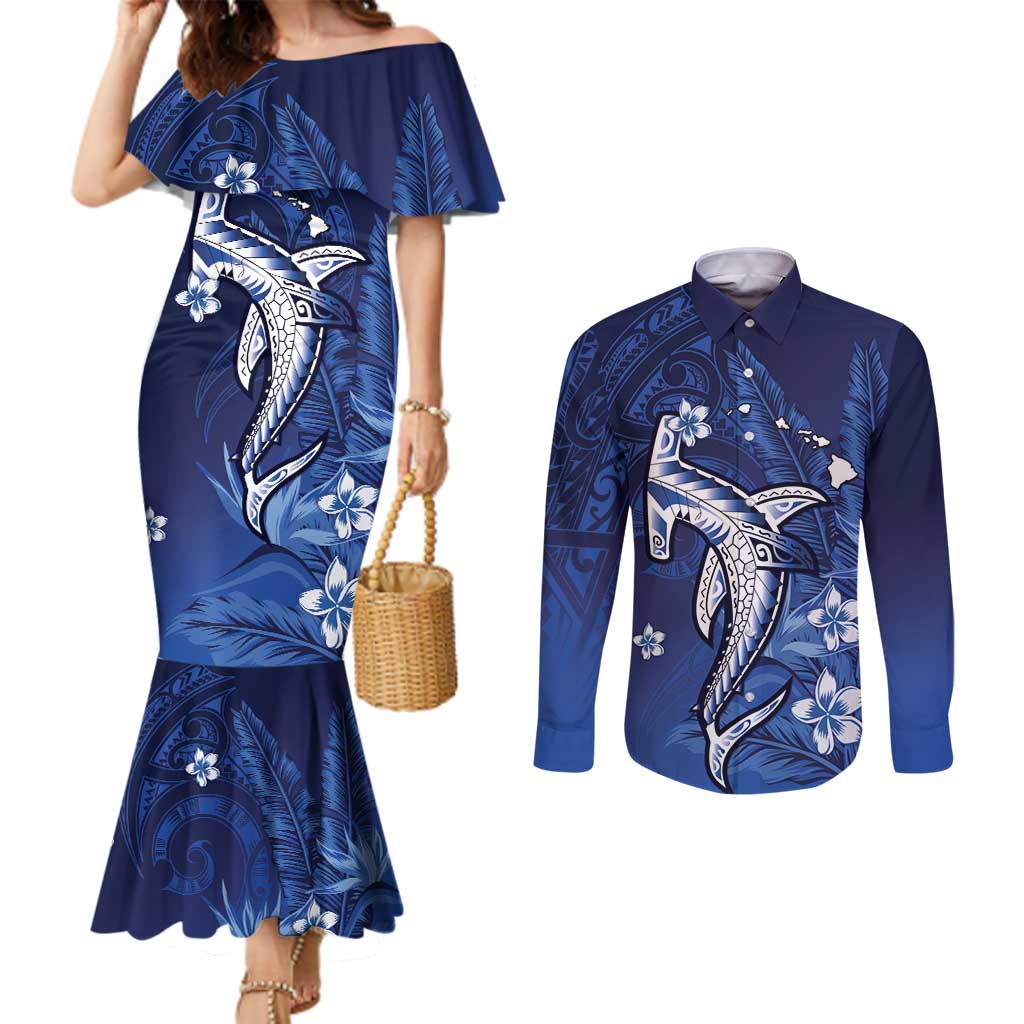 Personalized Hawaiian Maori Hammerhead Shark Couples Matching Mermaid Dress and Long Sleeve Button Shirt Polu Plumeria - Polynesian Pride