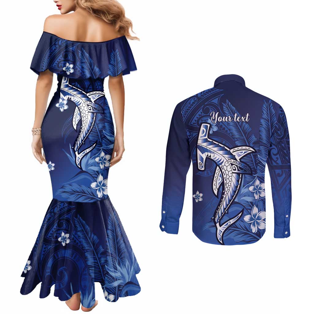 Personalized Hawaiian Maori Hammerhead Shark Couples Matching Mermaid Dress and Long Sleeve Button Shirt Polu Plumeria - Polynesian Pride