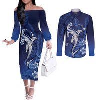 Personalized Hawaiian Maori Hammerhead Shark Couples Matching Off The Shoulder Long Sleeve Dress and Long Sleeve Button Shirt Polu Plumeria - Polynesian Pride