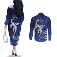 Personalized Hawaiian Maori Hammerhead Shark Couples Matching Off The Shoulder Long Sleeve Dress and Long Sleeve Button Shirt Polu Plumeria - Polynesian Pride