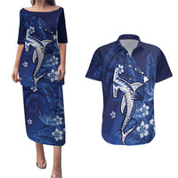 Personalized Hawaiian Maori Hammerhead Shark Couples Matching Puletasi and Hawaiian Shirt Polu Plumeria - Polynesian Pride