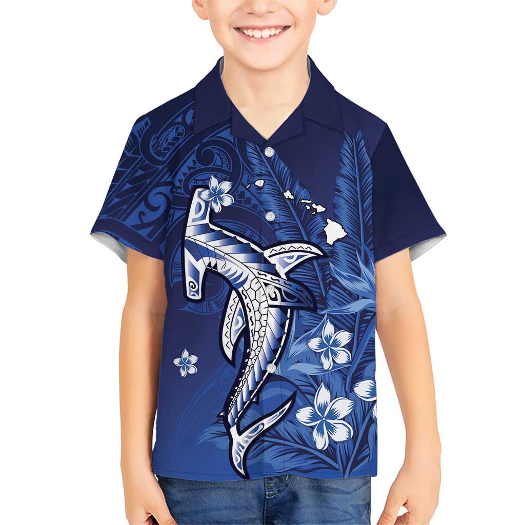 Personalized Hawaiian Maori Hammerhead Shark Family Matching Off The Shoulder Long Sleeve Dress and Hawaiian Shirt Polu Plumeria LT9 Son's Shirt Blue - Polynesian Pride