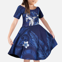 Personalized Hawaiian Maori Hammerhead Shark Family Matching Off Shoulder Maxi Dress and Hawaiian Shirt Polu Plumeria LT9 Daughter's Dress Blue - Polynesian Pride