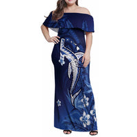 Personalized Hawaiian Maori Hammerhead Shark Family Matching Off Shoulder Maxi Dress and Hawaiian Shirt Polu Plumeria LT9 Mom's Dress Blue - Polynesian Pride