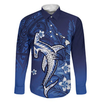Personalized Hawaiian Maori Hammerhead Shark Family Matching Off Shoulder Short Dress and Hawaiian Shirt Polu Plumeria LT9 Dad's Shirt - Long Sleeve Blue - Polynesian Pride