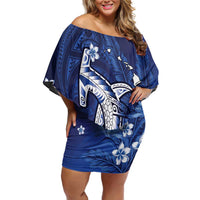 Personalized Hawaiian Maori Hammerhead Shark Family Matching Off Shoulder Short Dress and Hawaiian Shirt Polu Plumeria LT9 Mom's Dress Blue - Polynesian Pride