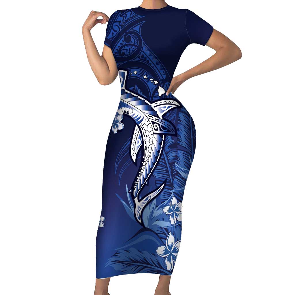 Personalized Hawaiian Maori Hammerhead Shark Family Matching Short Sleeve Bodycon Dress and Hawaiian Shirt Polu Plumeria LT9 Mom's Dress Blue - Polynesian Pride