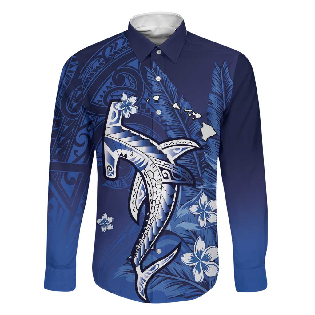 Personalized Hawaiian Maori Hammerhead Shark Family Matching Summer Maxi Dress and Hawaiian Shirt Polu Plumeria LT9 Dad's Shirt - Long Sleeve Blue - Polynesian Pride