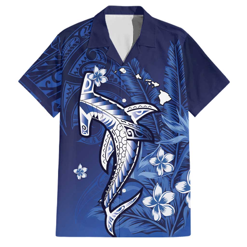 Personalized Hawaiian Maori Hammerhead Shark Family Matching Tank Maxi Dress and Hawaiian Shirt Polu Plumeria LT9 Dad's Shirt - Short Sleeve Blue - Polynesian Pride