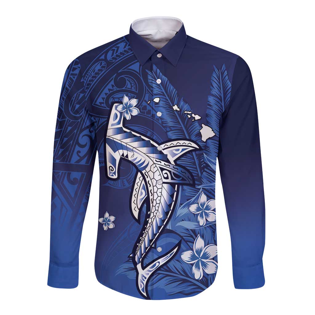 Personalized Hawaiian Maori Hammerhead Shark Long Sleeve Button Shirt Polu Plumeria - Polynesian Pride