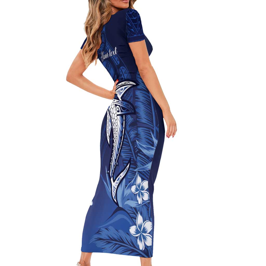 Personalized Hawaiian Maori Hammerhead Shark Short Sleeve Bodycon Dress Polu Plumeria - Polynesian Pride